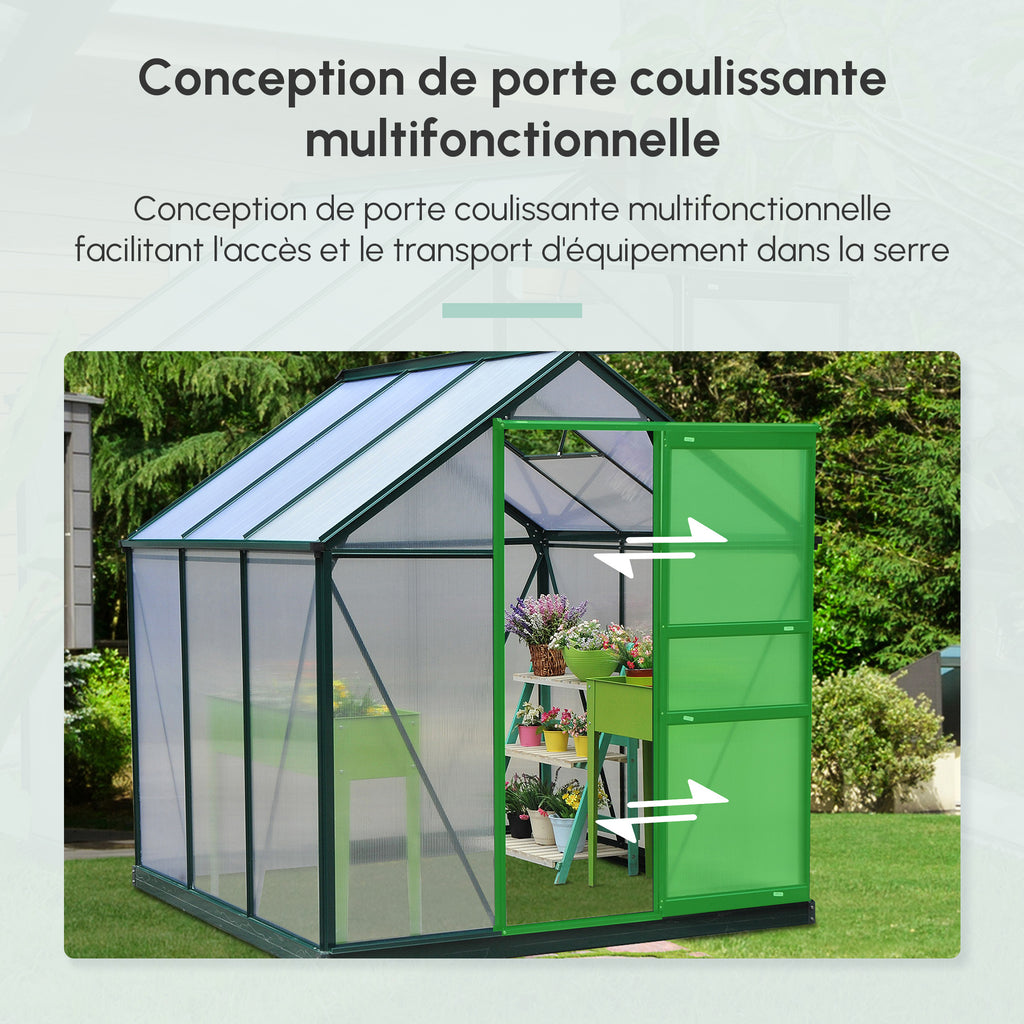 Serre de jardin polycarbonate 190 x 192 x 201 cm résistant aux UV 30+ fondation renforcé gouttière vert foncé