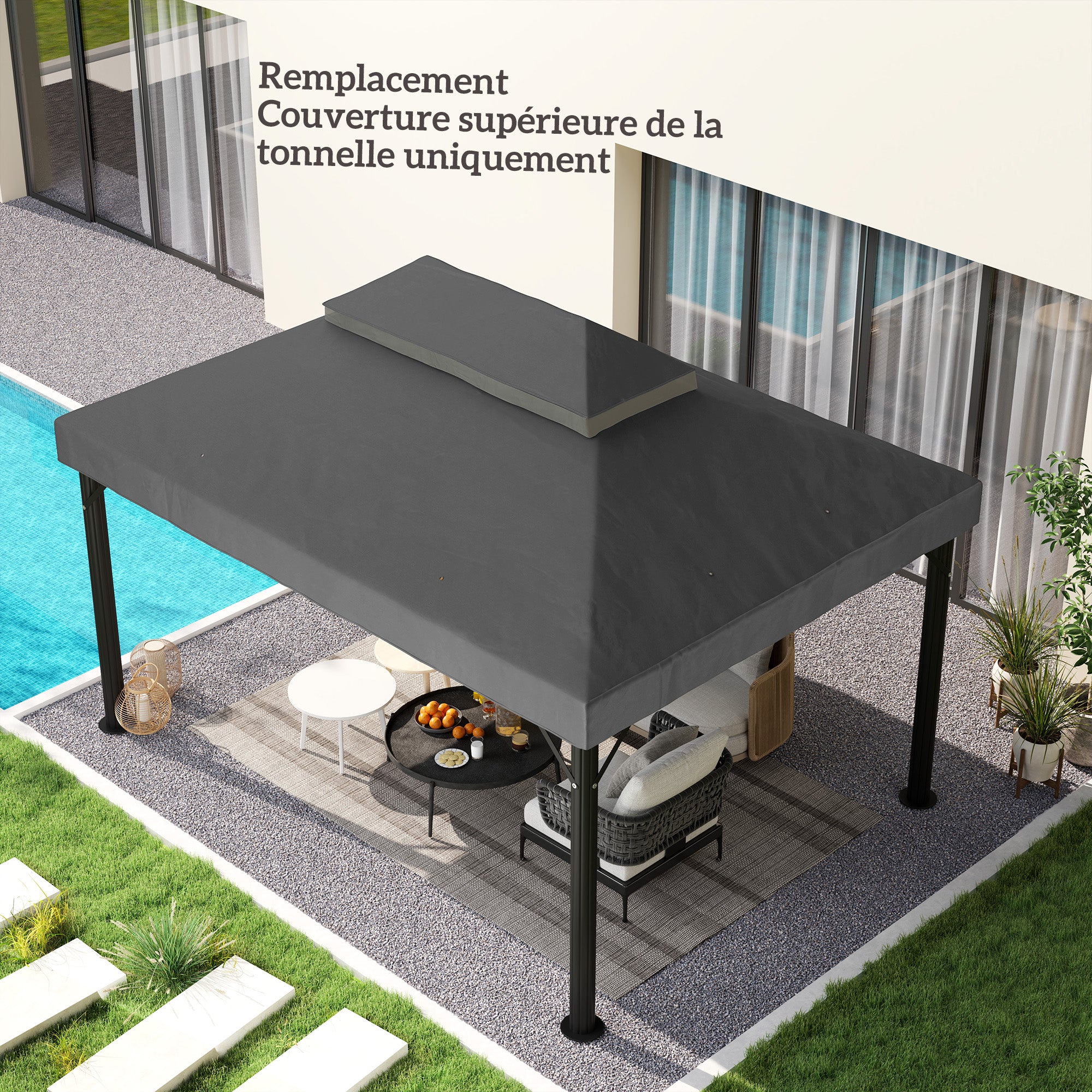 Toile de rechange pour pavillon toile de tonnelle 4 x 3 m, double toit avec trous de drainage, polyester 370 g/m², gris
