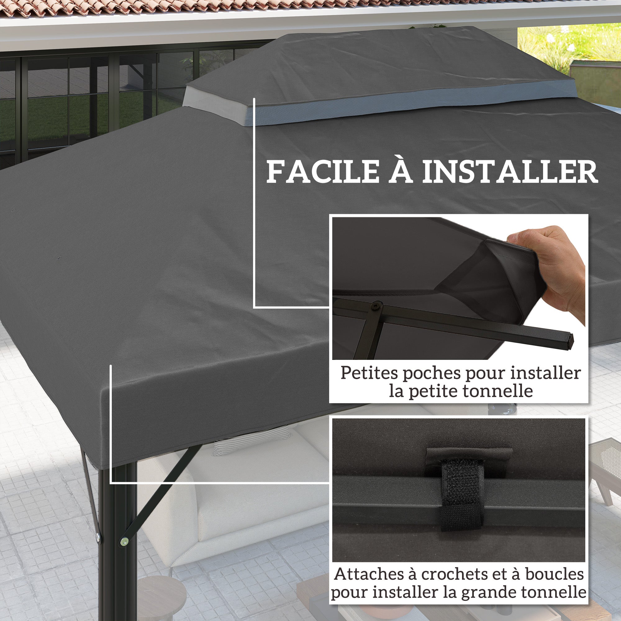 Toile de rechange pour pavillon toile de tonnelle 4 x 3 m, double toit avec trous de drainage, polyester 370 g/m², gris