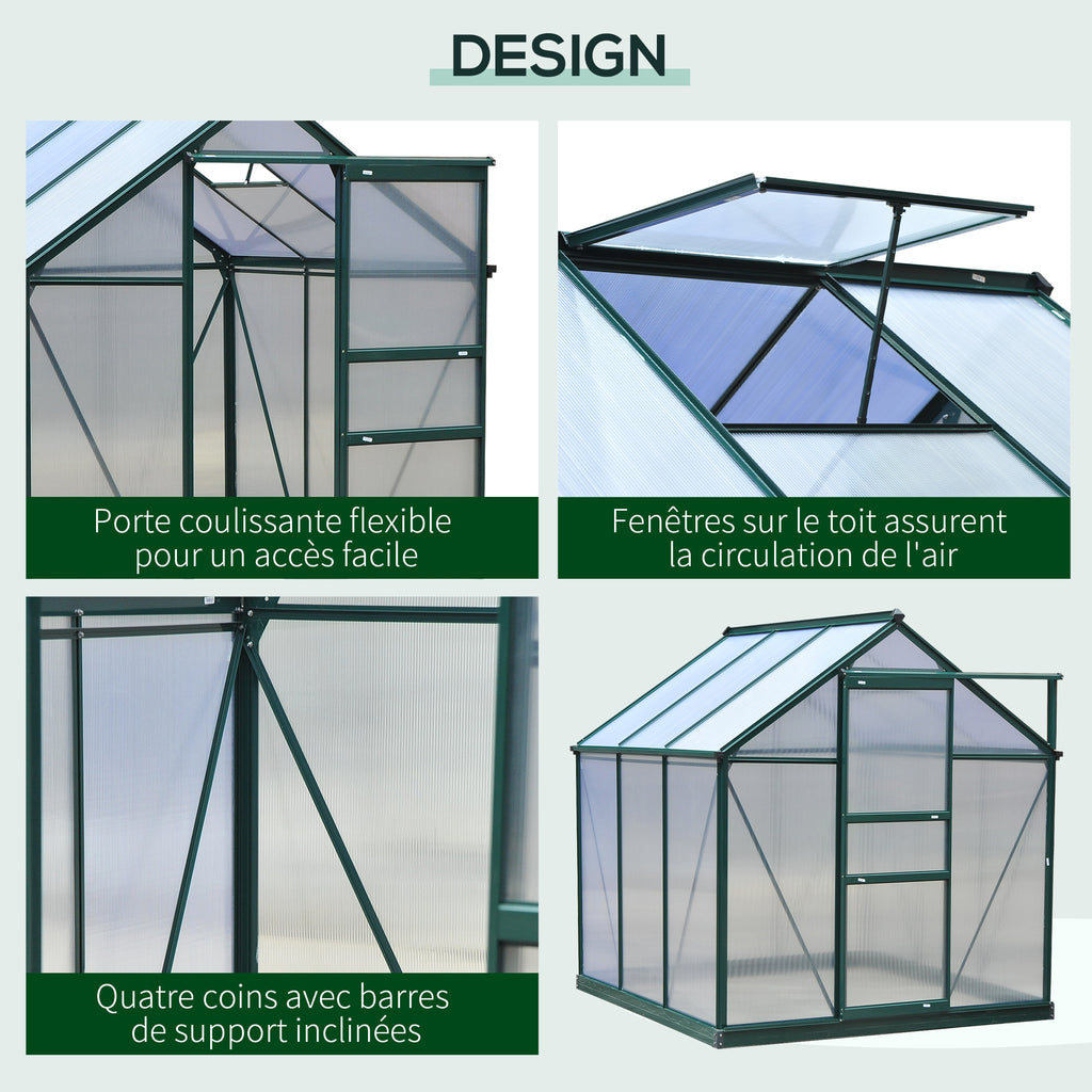 Serre de jardin polycarbonate 190 x 192 x 201 cm résistant aux UV 30+ fondation renforcé gouttière vert foncé