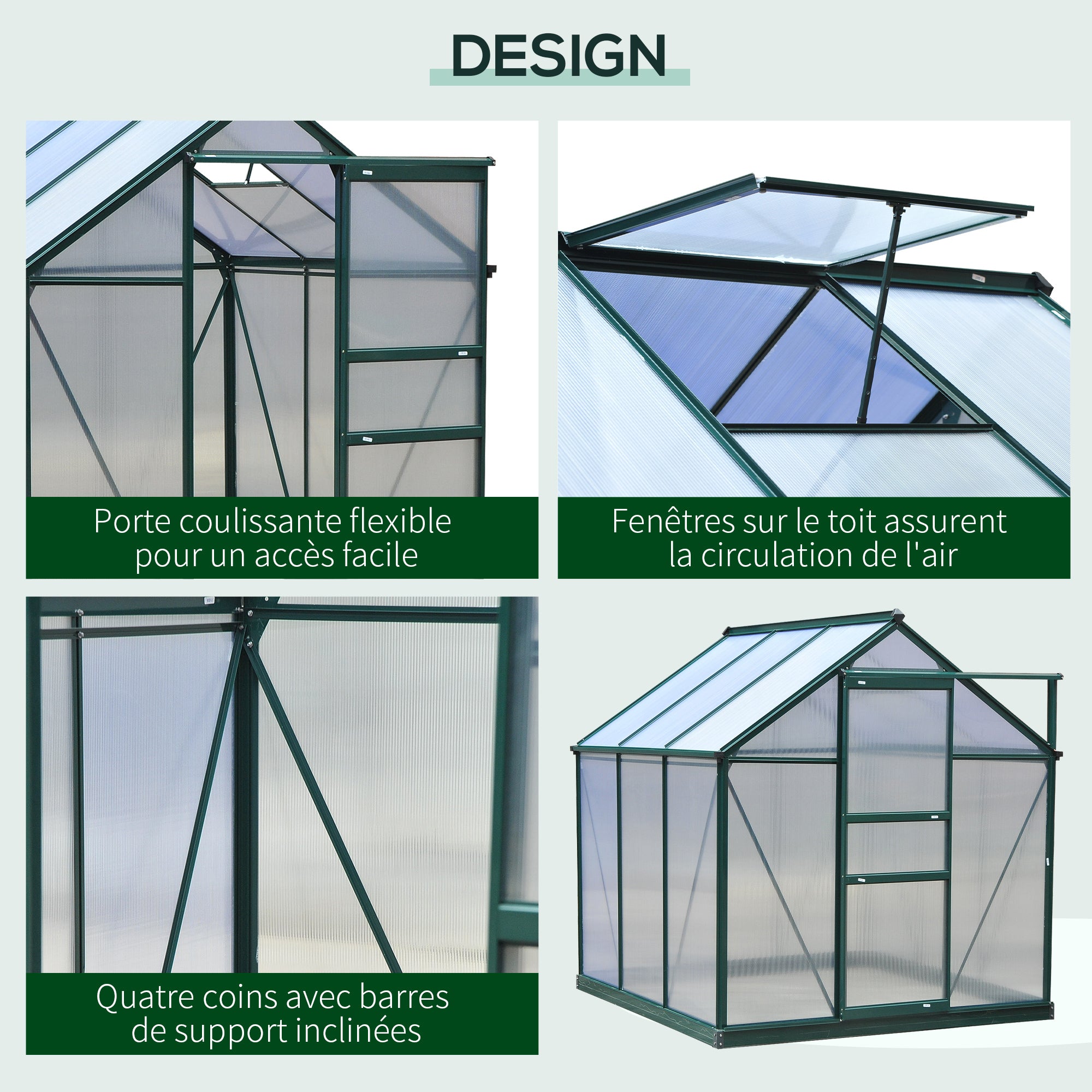 Serre de jardin polycarbonate 190 x 192 x 201 cm résistant aux UV 30+ fondation renforcé gouttière vert foncé