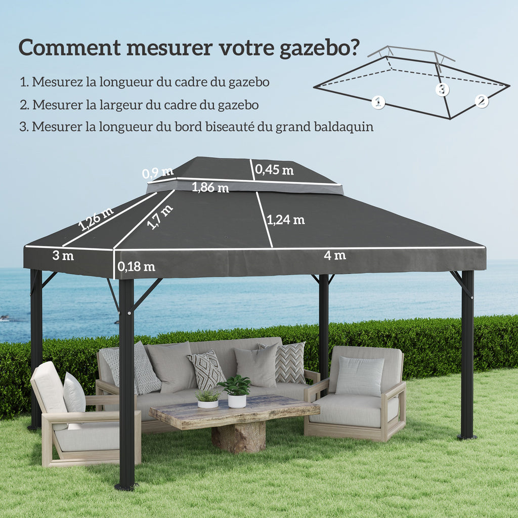 Toile de rechange pour pavillon toile de tonnelle 4 x 3 m, double toit avec trous de drainage, polyester 370 g/m², gris