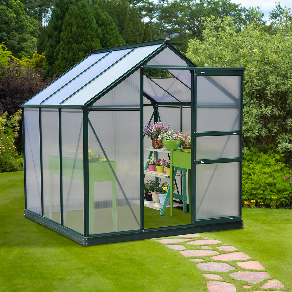 Serre de jardin polycarbonate 190 x 192 x 201 cm résistant aux UV 30+ fondation renforcé gouttière vert foncé