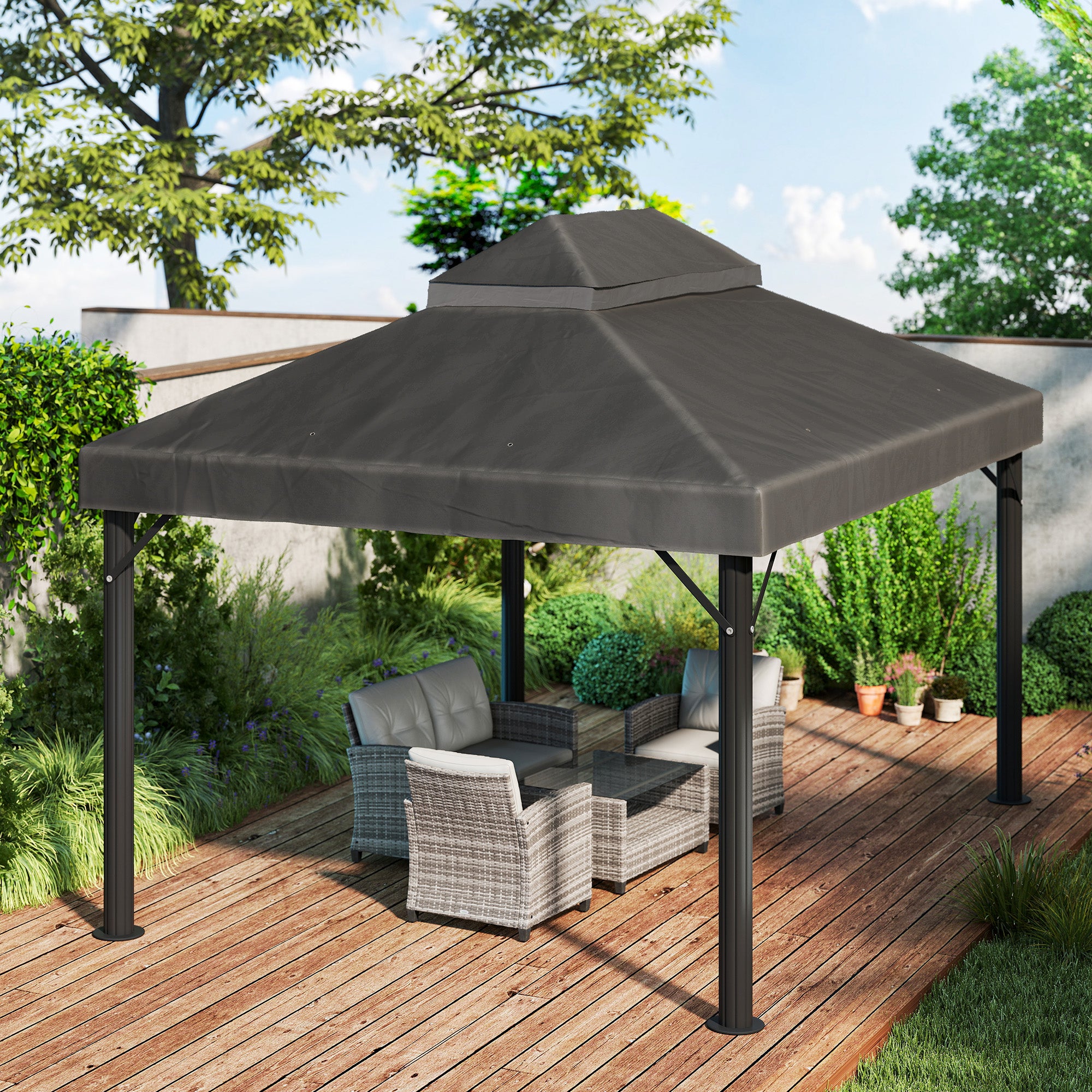 Toile de rechange pour pavillon toile de tonnelle 4 x 3 m, double toit avec trous de drainage, polyester 370 g/m², gris
