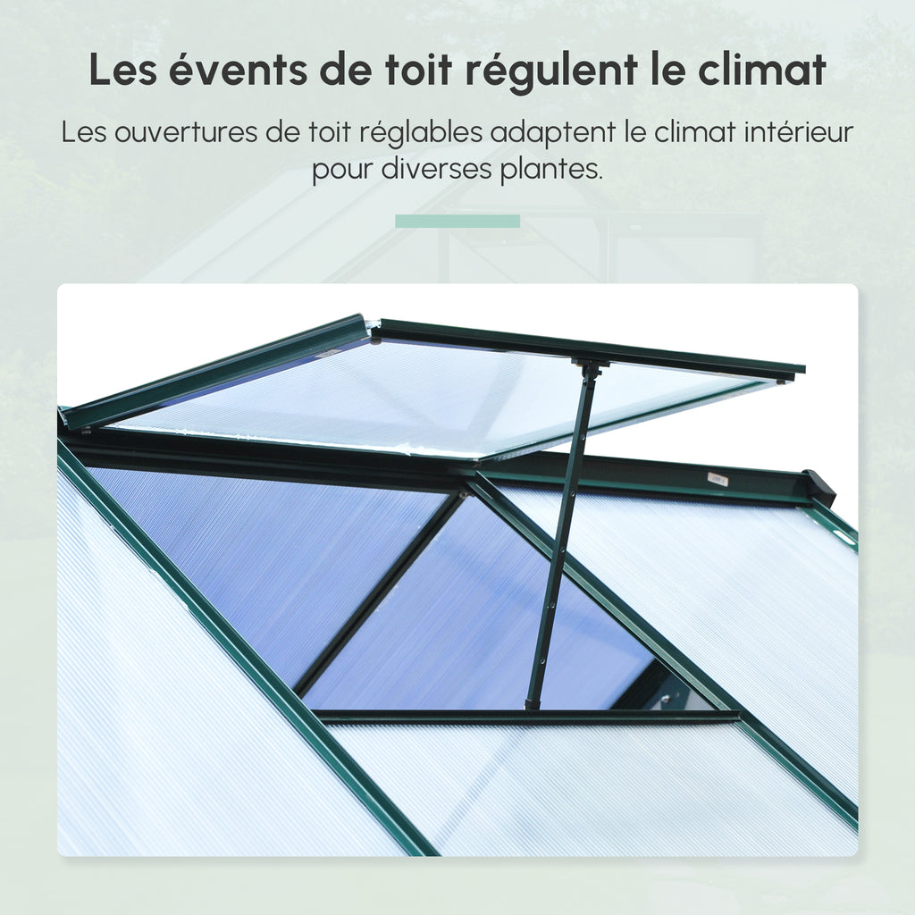 Serre de jardin polycarbonate 190 x 192 x 201 cm résistant aux UV 30+ fondation renforcé gouttière vert foncé