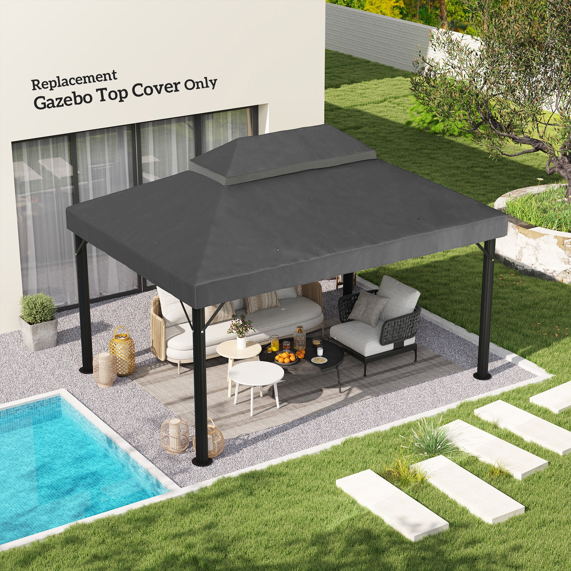 Toile de rechange pour pavillon toile de tonnelle 4 x 3 m, double toit avec trous de drainage, polyester 370 g/m², gris