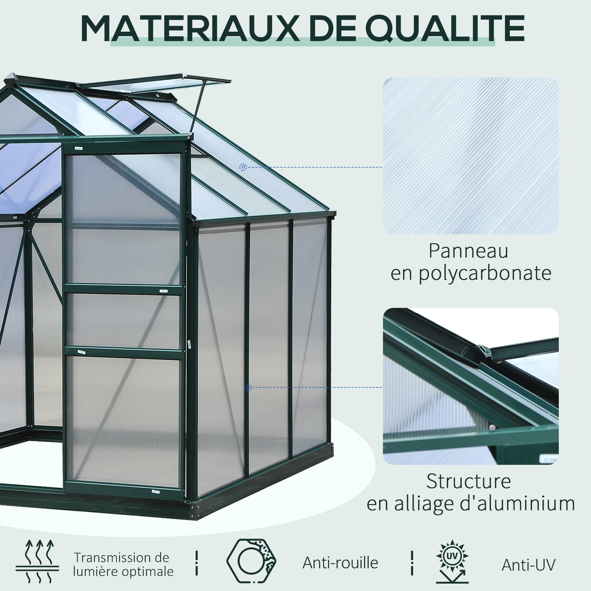 Serre de jardin polycarbonate 190 x 192 x 201 cm résistant aux UV 30+ fondation renforcé gouttière vert foncé